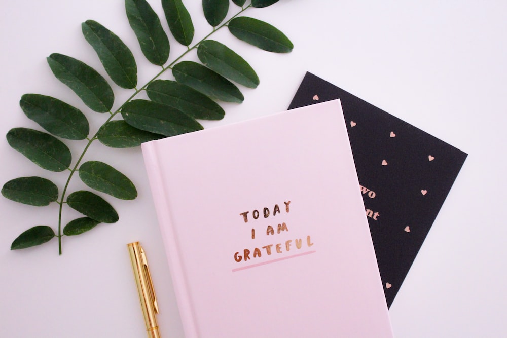 A pink journal, golden pen, and decor